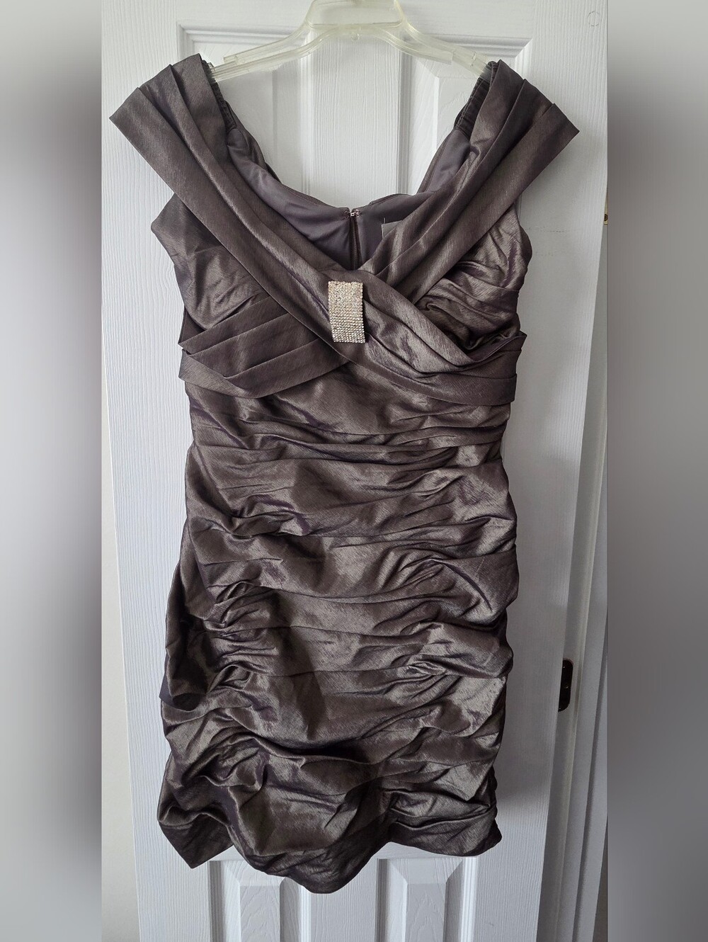 Sleeveless/Off The Shoulder Ruched Cocktail Dress with Rhinestone Accent